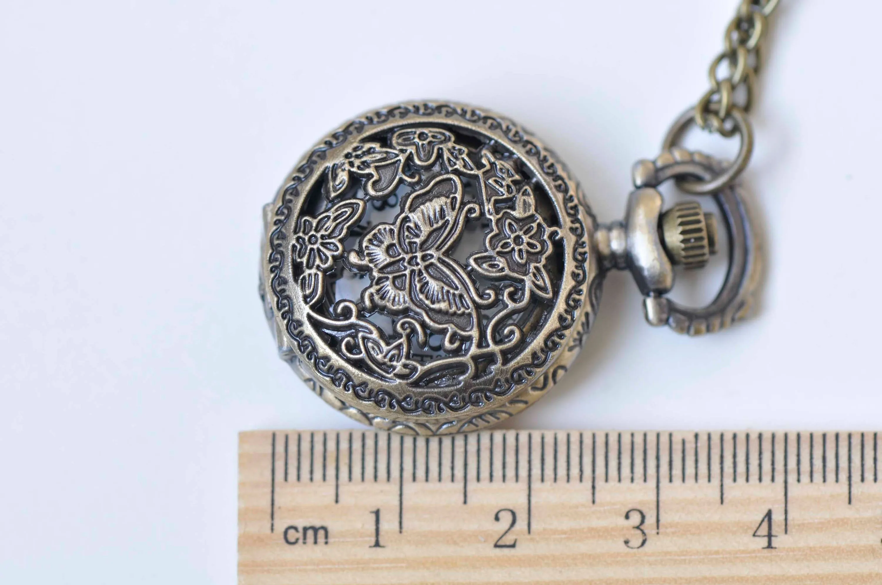 1 PC Antique Bronze Butterfly Flower Small Pocket Watch 27mm A5480