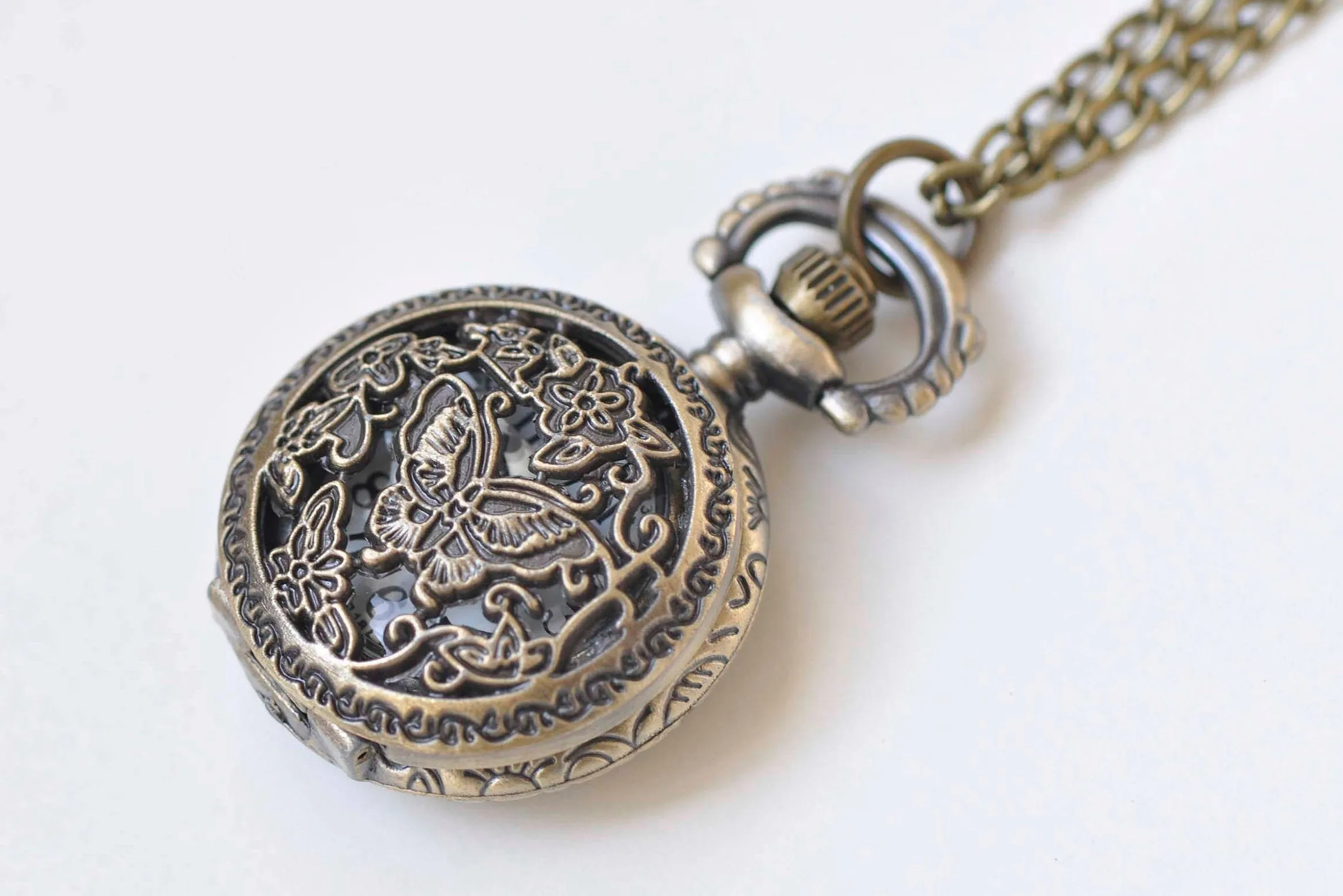 1 PC Antique Bronze Butterfly Flower Small Pocket Watch 27mm A5480