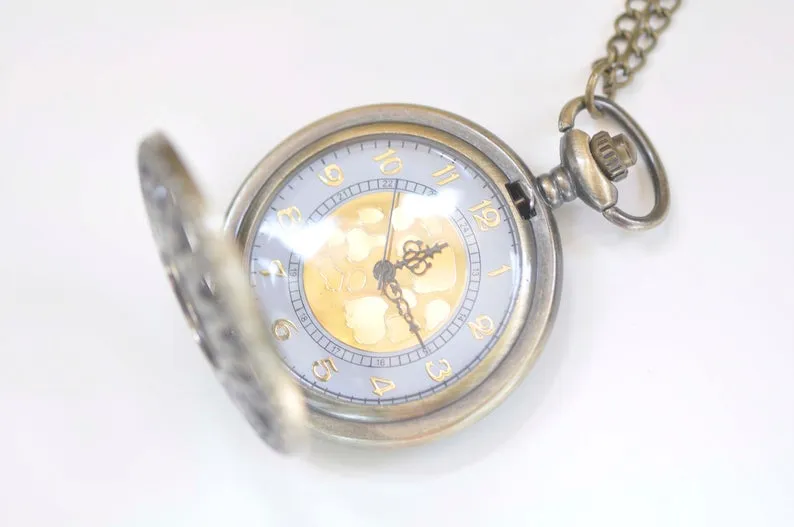 1 PC Antique Bronze Large Filigree Pocket Watch Necklace 47mm A931