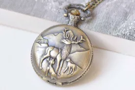 1 PC Antique Bronze Large Reindeer Pocket Watch Necklace 47mm A4149