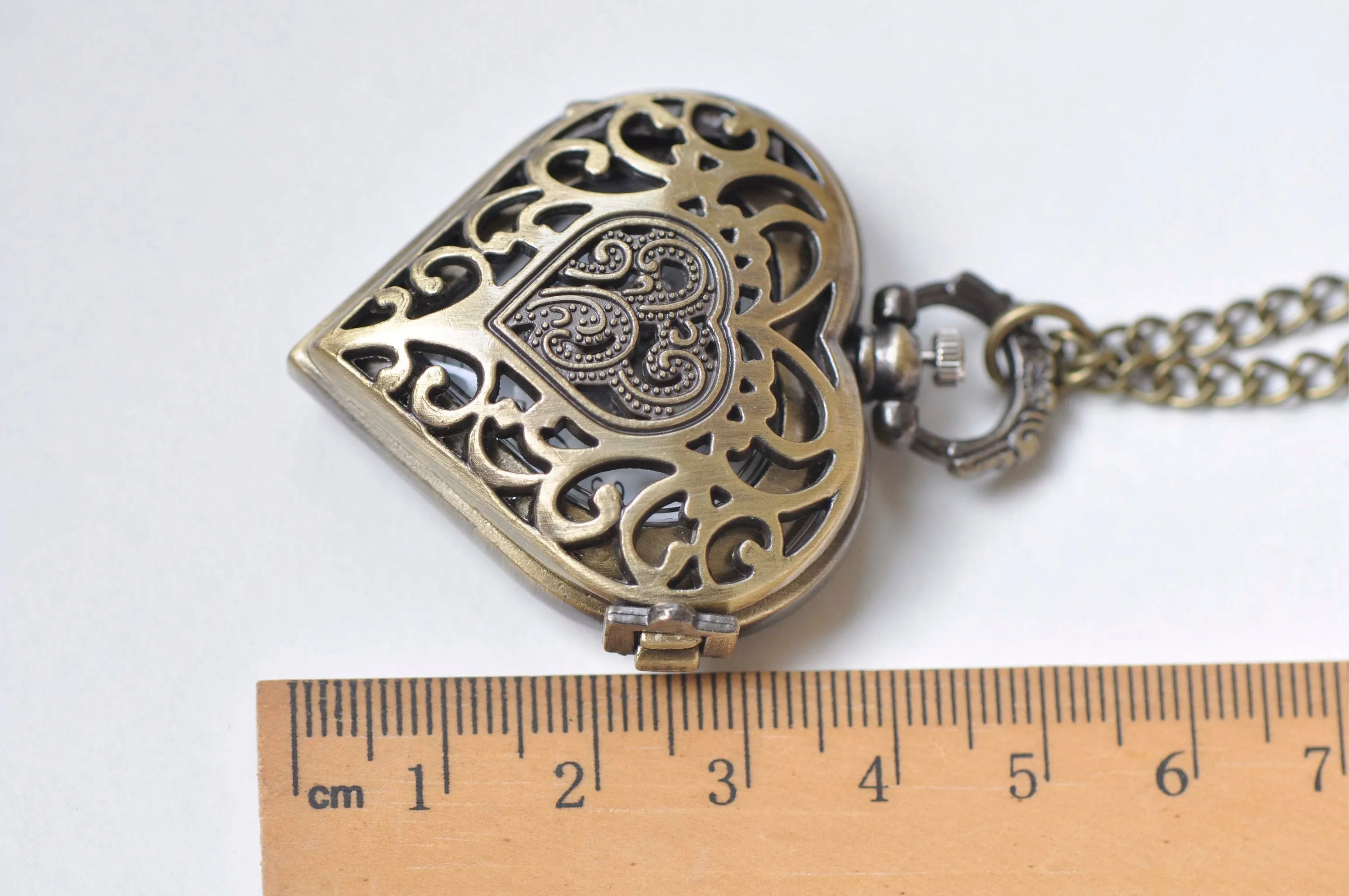 1 PC Antique Bronze/Platinum Heart Pocket Watch Necklace