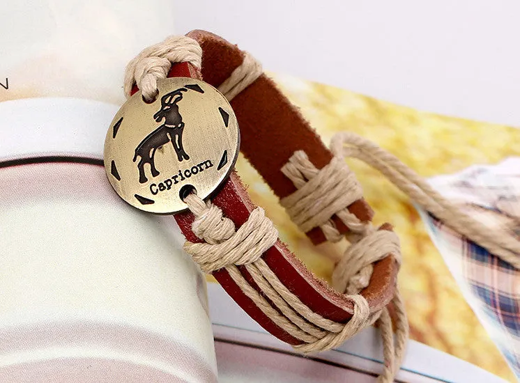 12 Constellation Woven Brown Leather Bracelet