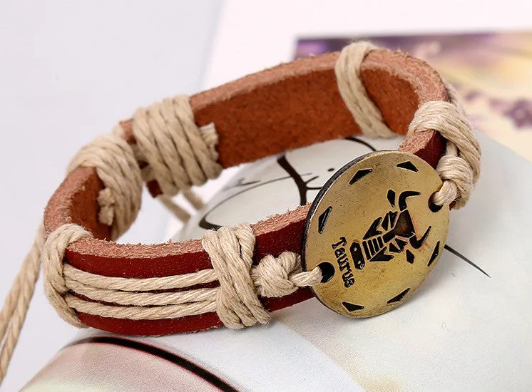 12 Constellation Woven Brown Leather Bracelet