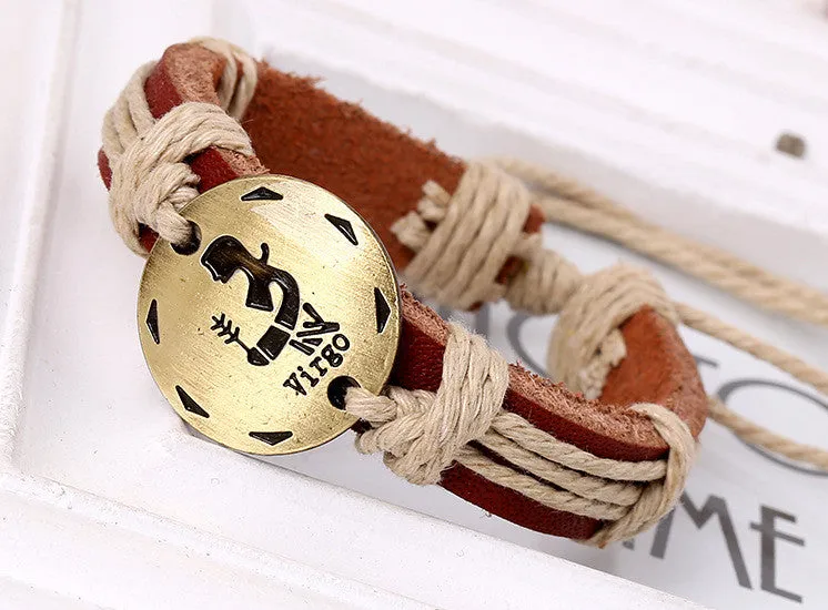 12 Constellation Woven Brown Leather Bracelet