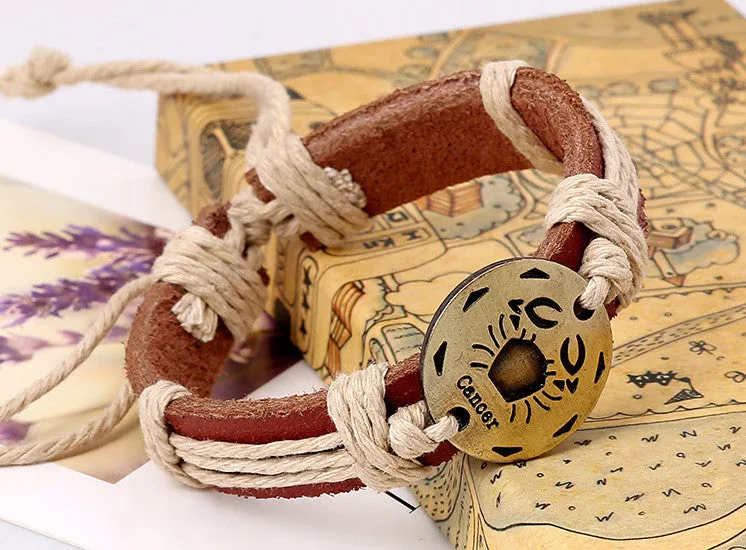 12 Constellation Woven Brown Leather Bracelet