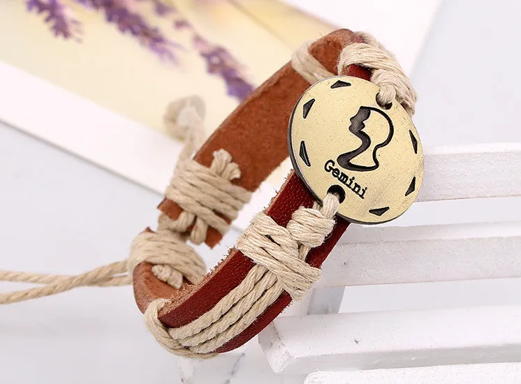 12 Constellation Woven Brown Leather Bracelet