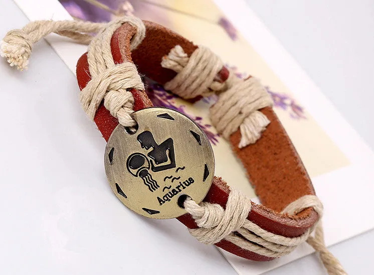 12 Constellation Woven Brown Leather Bracelet