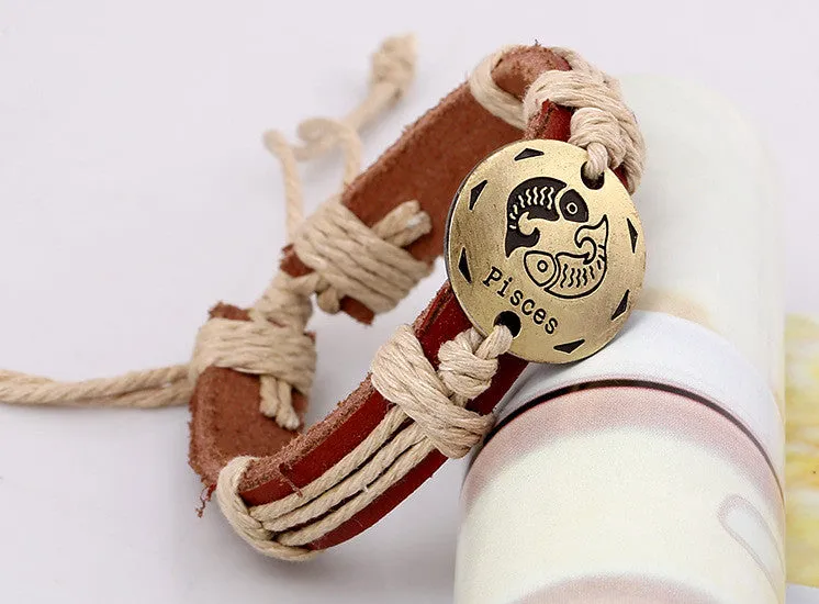 12 Constellation Woven Brown Leather Bracelet