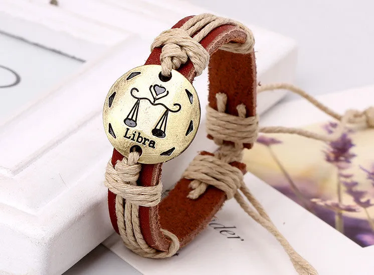 12 Constellation Woven Brown Leather Bracelet