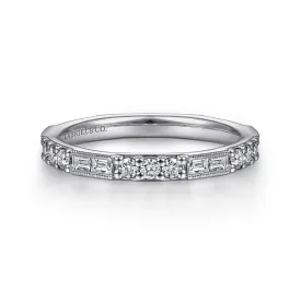 14K White Gold Baguette and Round Diamond Stackable Ring