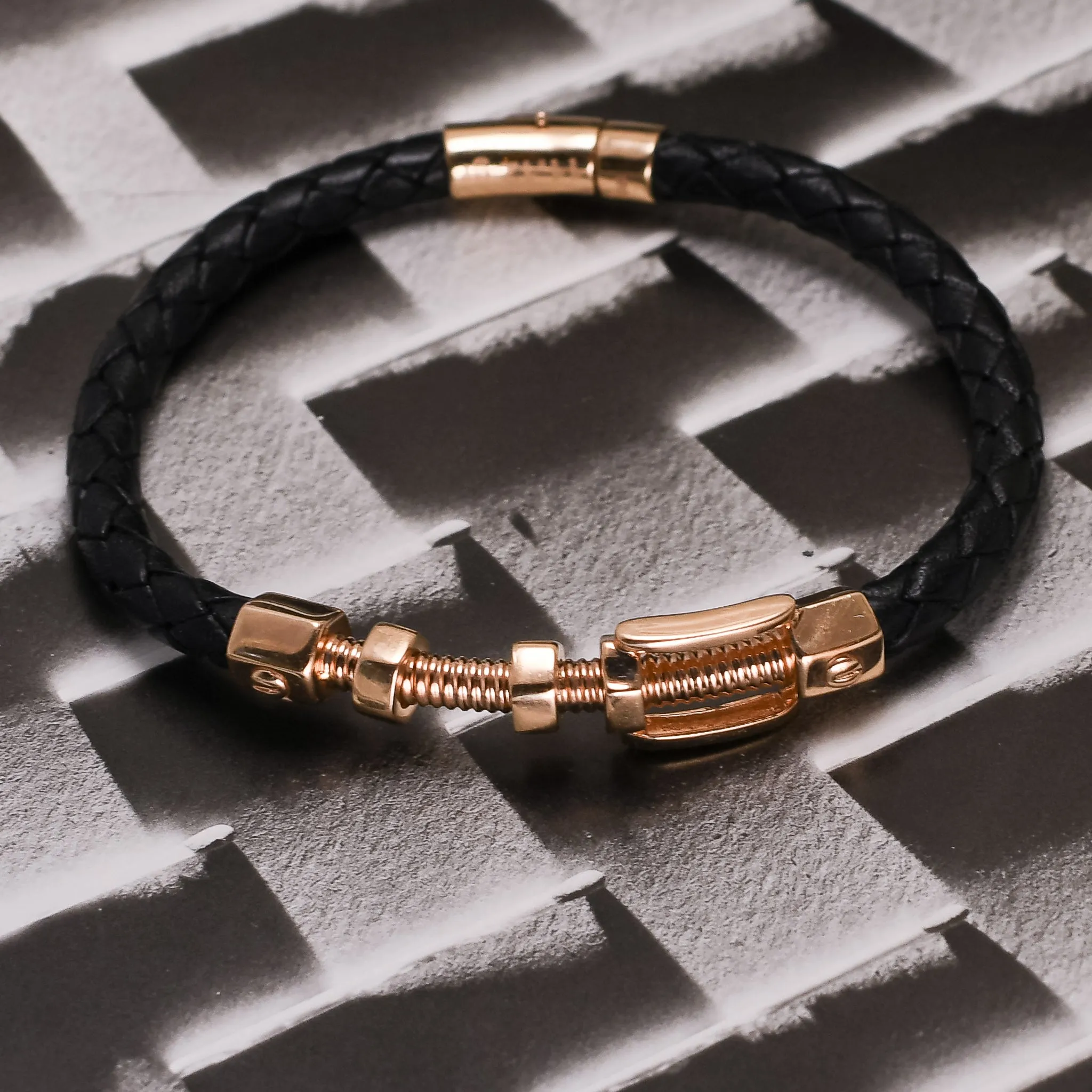 1990s Industrial "Nuts & Bolts" Gold & Leather Bracelet