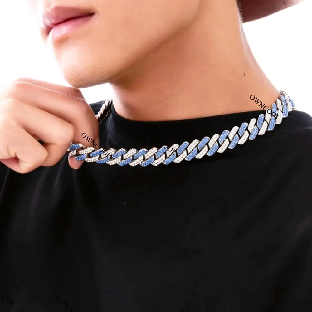 2 PCS Blue Iced Out Cuban Link Chain Cuban Diamond Chain Necklace Bracelet Bling Hip Hop Jewelry for Men Women