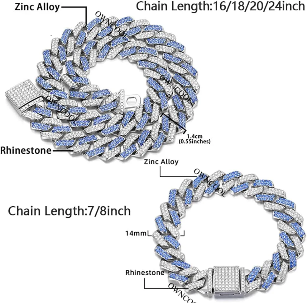 2 PCS Blue Iced Out Cuban Link Chain Cuban Diamond Chain Necklace Bracelet Bling Hip Hop Jewelry for Men Women