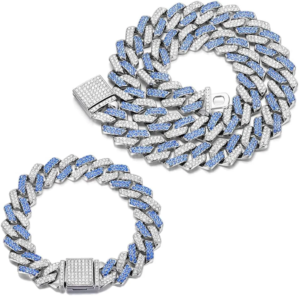 2 PCS Blue Iced Out Cuban Link Chain Cuban Diamond Chain Necklace Bracelet Bling Hip Hop Jewelry for Men Women