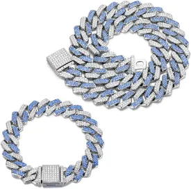 2 PCS Blue Iced Out Cuban Link Chain Cuban Diamond Chain Necklace Bracelet Bling Hip Hop Jewelry for Men Women