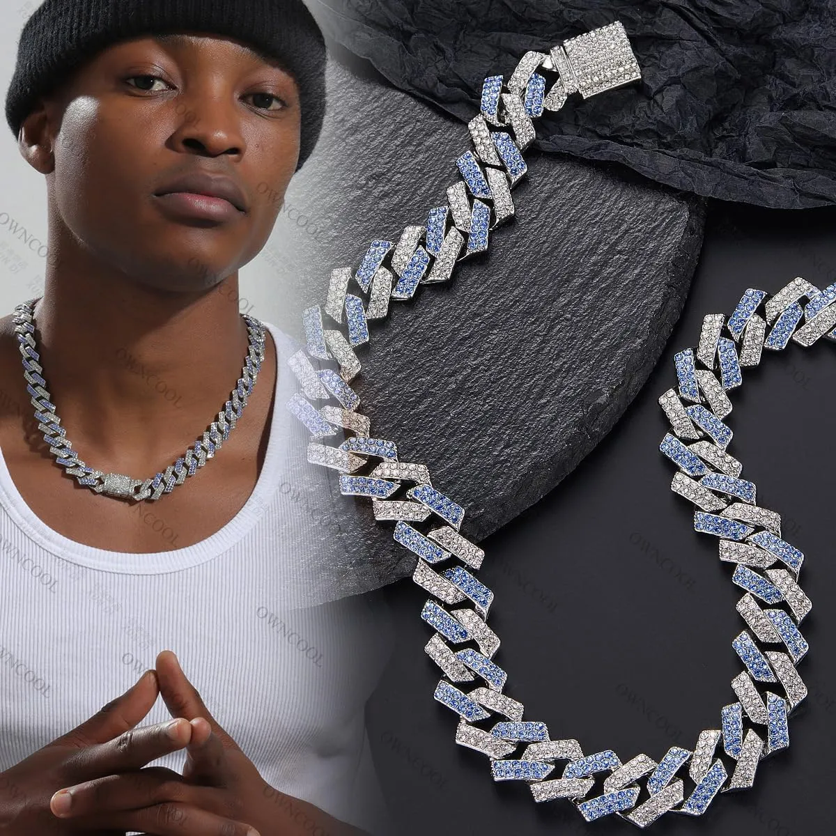 2 PCS Blue Iced Out Cuban Link Chain Cuban Diamond Chain Necklace Bracelet Bling Hip Hop Jewelry for Men Women