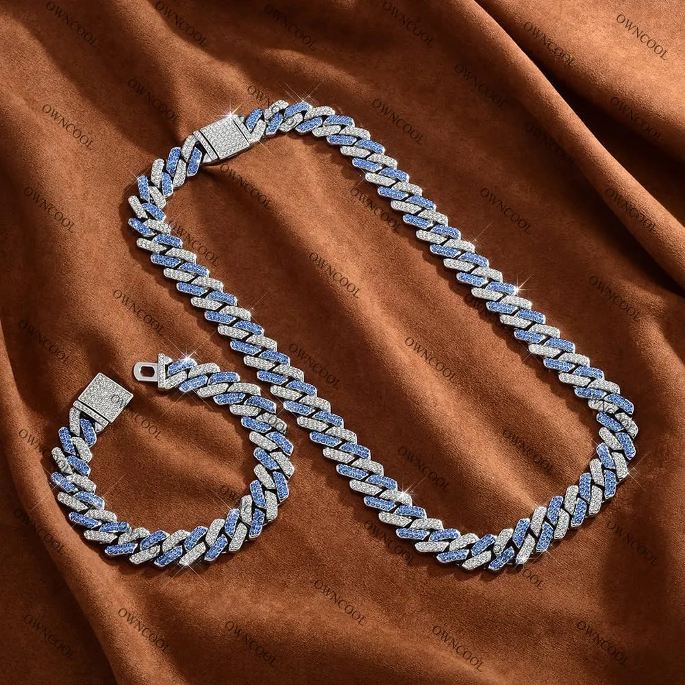2 PCS Blue Iced Out Cuban Link Chain Cuban Diamond Chain Necklace Bracelet Bling Hip Hop Jewelry for Men Women