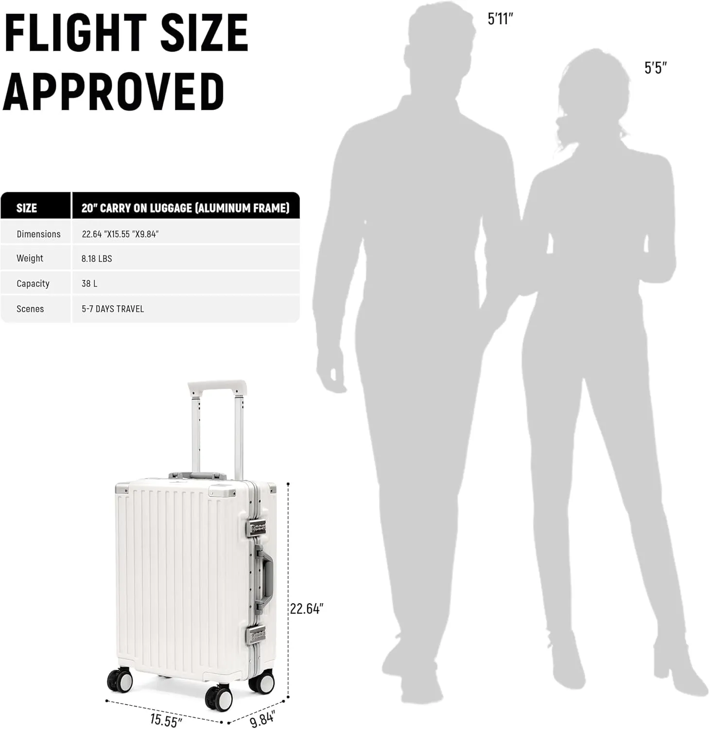 20inch Carry On Luggage 22x14x9 Airline Approved, Zipperless Luggage Carry On TSA Approved Hard Shell Suitcases, Lightweight Carry On Suitcases with Aluminum Frame, White