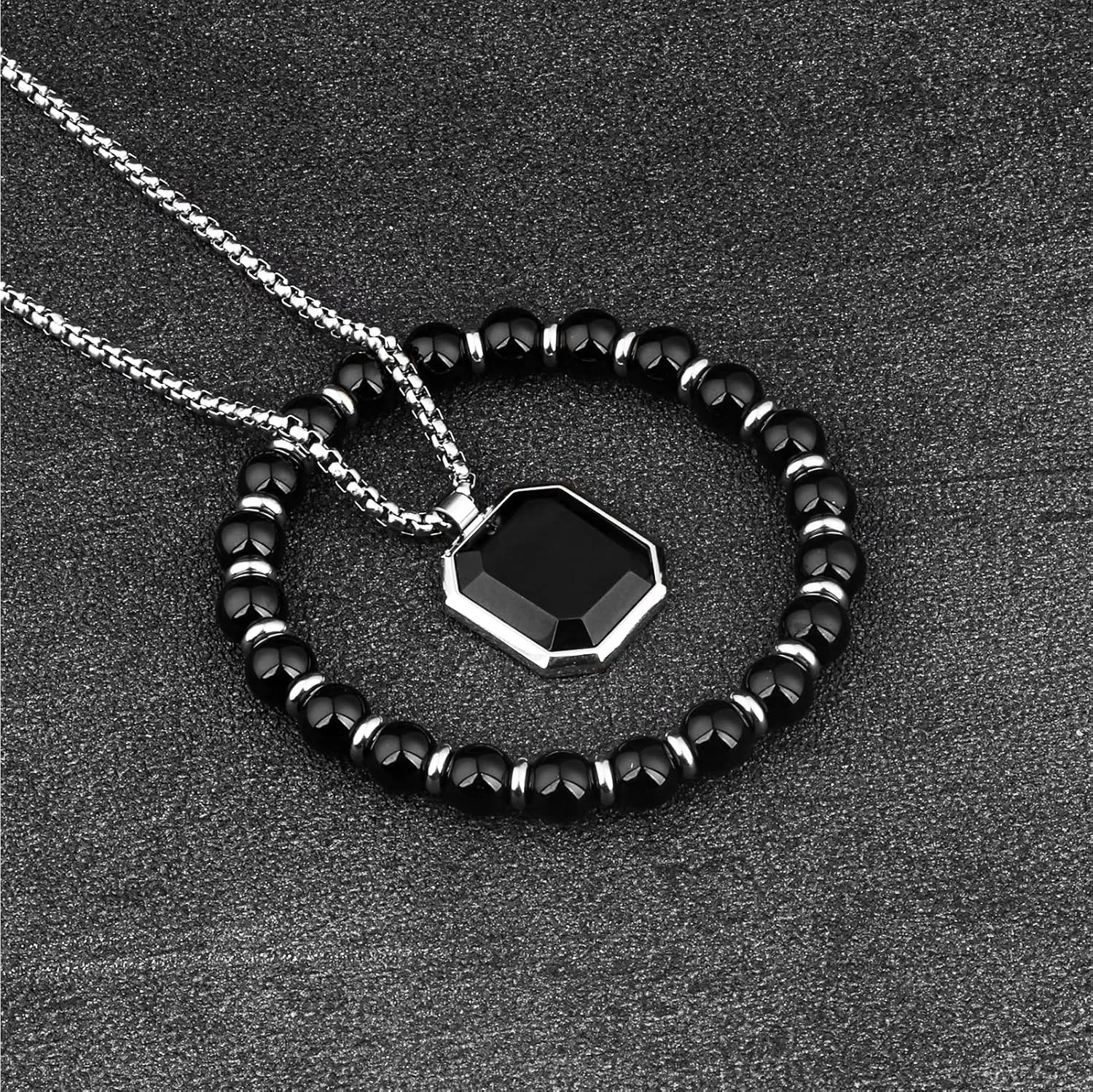 2Pcs Mens Jewelry Set - Black Crystal Necklace And Bracelet Set With Black Onyx And Gold Pendant