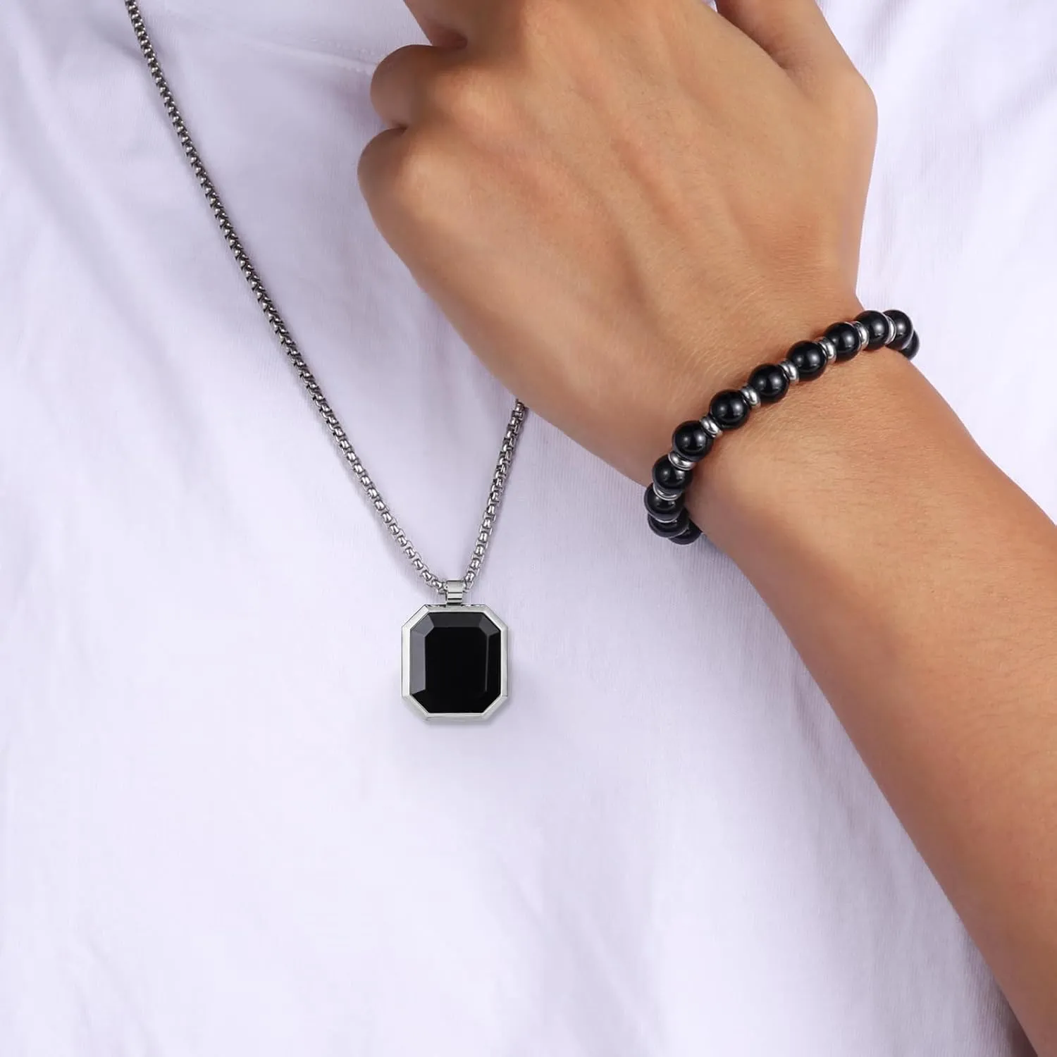 2Pcs Mens Jewelry Set - Black Crystal Necklace And Bracelet Set With Black Onyx And Gold Pendant