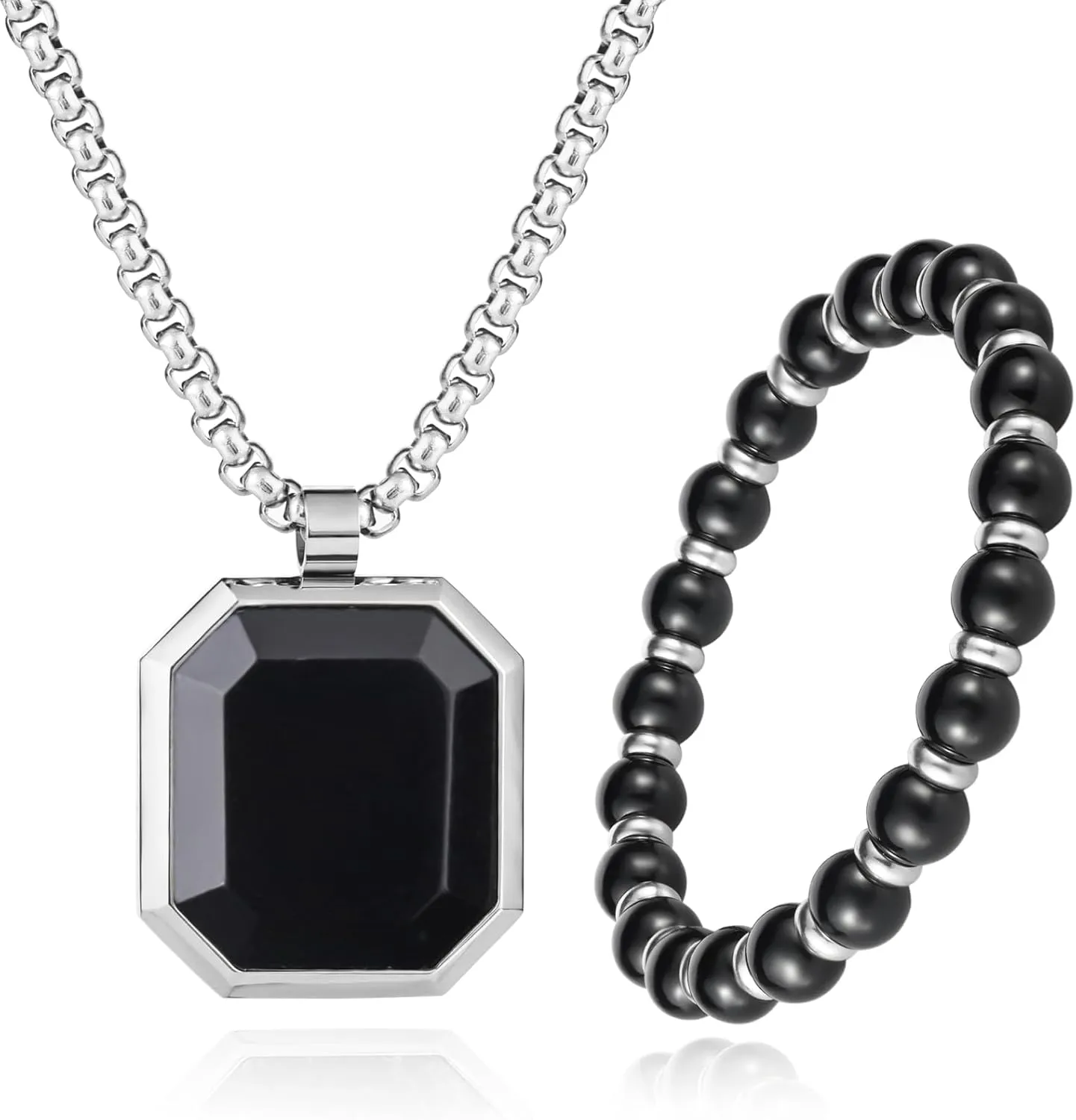 2Pcs Mens Jewelry Set - Black Crystal Necklace And Bracelet Set With Black Onyx And Gold Pendant