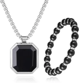 2Pcs Mens Jewelry Set - Black Crystal Necklace And Bracelet Set With Black Onyx And Gold Pendant