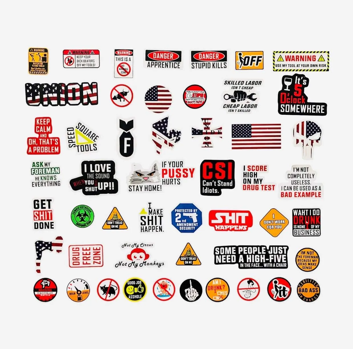 50 Pack GregCo Hard Hat Stickers, Tool Box Decals, Adult Funny Stickers, Welding Helmet Sticker Pack, Military, Union Patriotic, Humerous Decals
