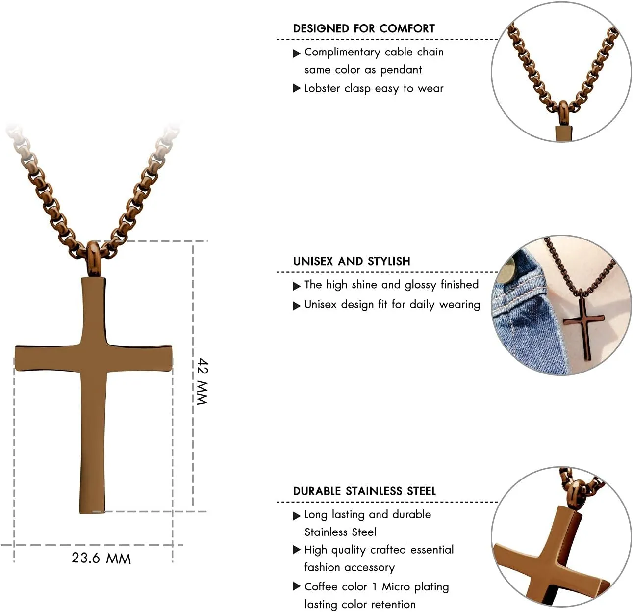 555Jewelry Stainless Steel Cross Adjustable Rolo Chain Pendant Necklace 16-28'' Inches