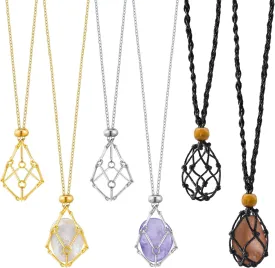 6 Pcs Crystal Necklace Holder Adjustable Empty Stone Holder Necklace Crystal Holder Boho Handmade Cord Cage for Women Men