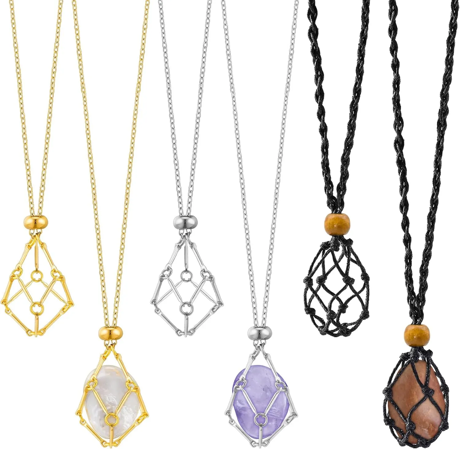 6 Pcs Crystal Necklace Holder Adjustable Empty Stone Holder Necklace Crystal Holder Boho Handmade Cord Cage for Women Men