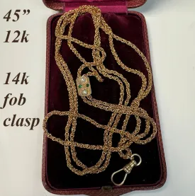 Antique 45" Fob Chain, 12k Gold with Jeweled Slide and 14k Clasp, In Original French Watch Chain Box