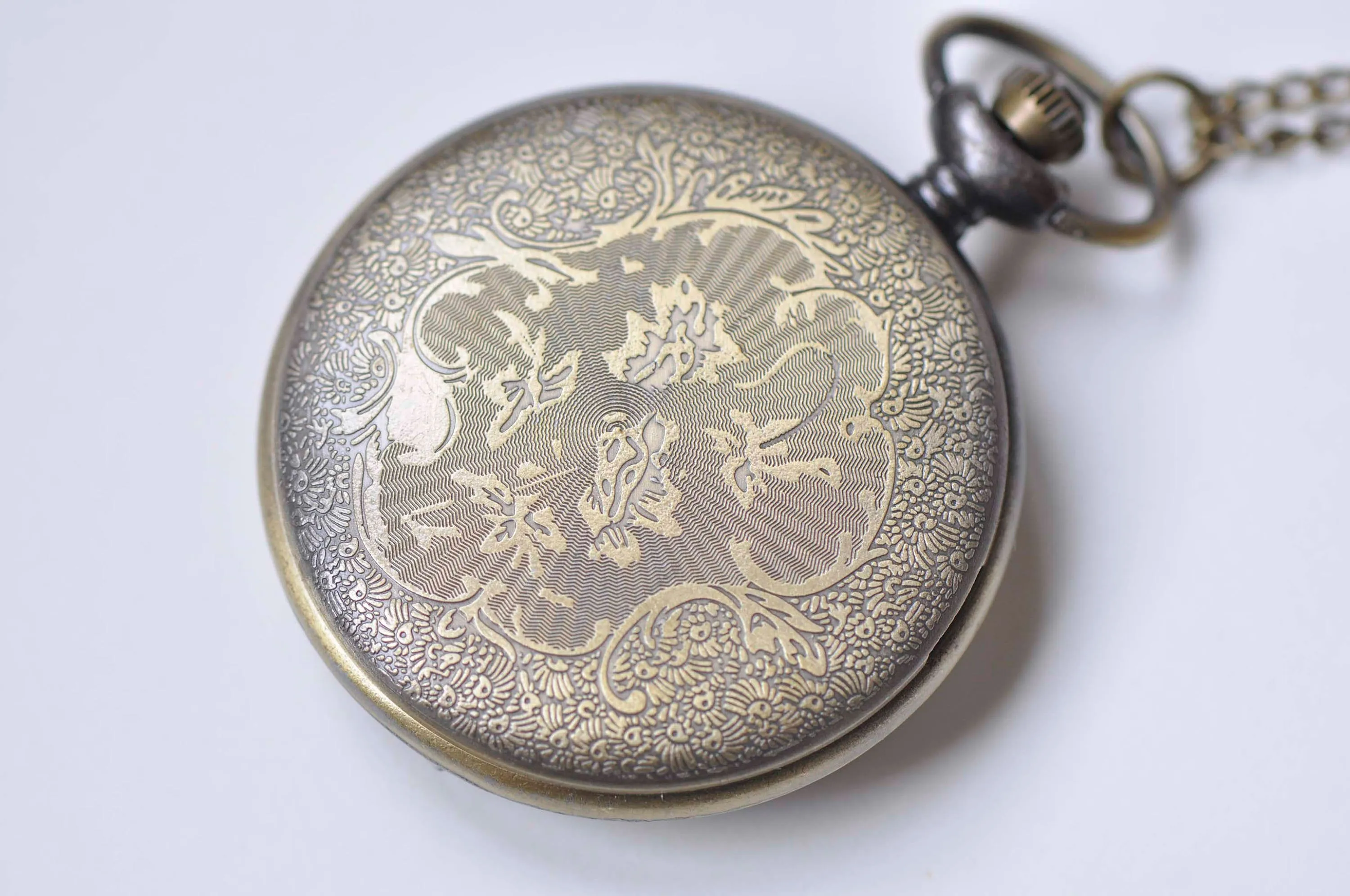 Antique Bronze Filigree Chinese Coin Pocket Watch Necklace Set of 1 A261