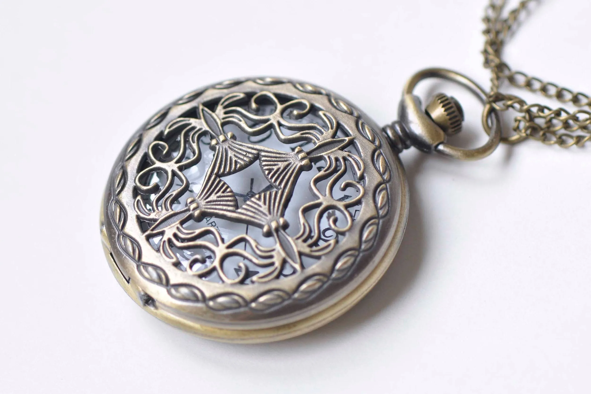 Antique Bronze Filigree Chinese Coin Pocket Watch Necklace Set of 1 A261