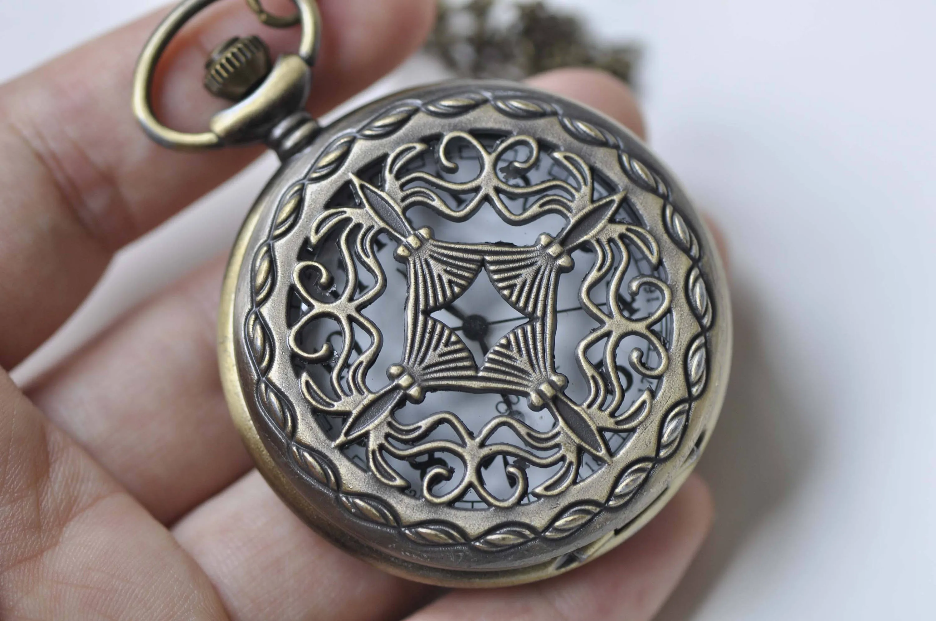 Antique Bronze Filigree Chinese Coin Pocket Watch Necklace Set of 1 A261
