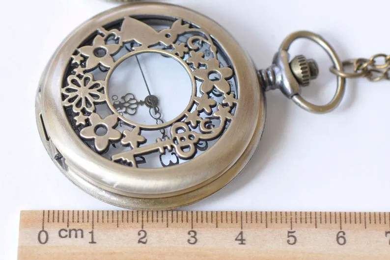 Antique Bronze Filigree Pocket Watch Necklace Set of 1