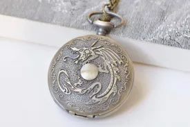 Antique Bronze Large Round Pocket Watch Necklace Set of 1 A4634