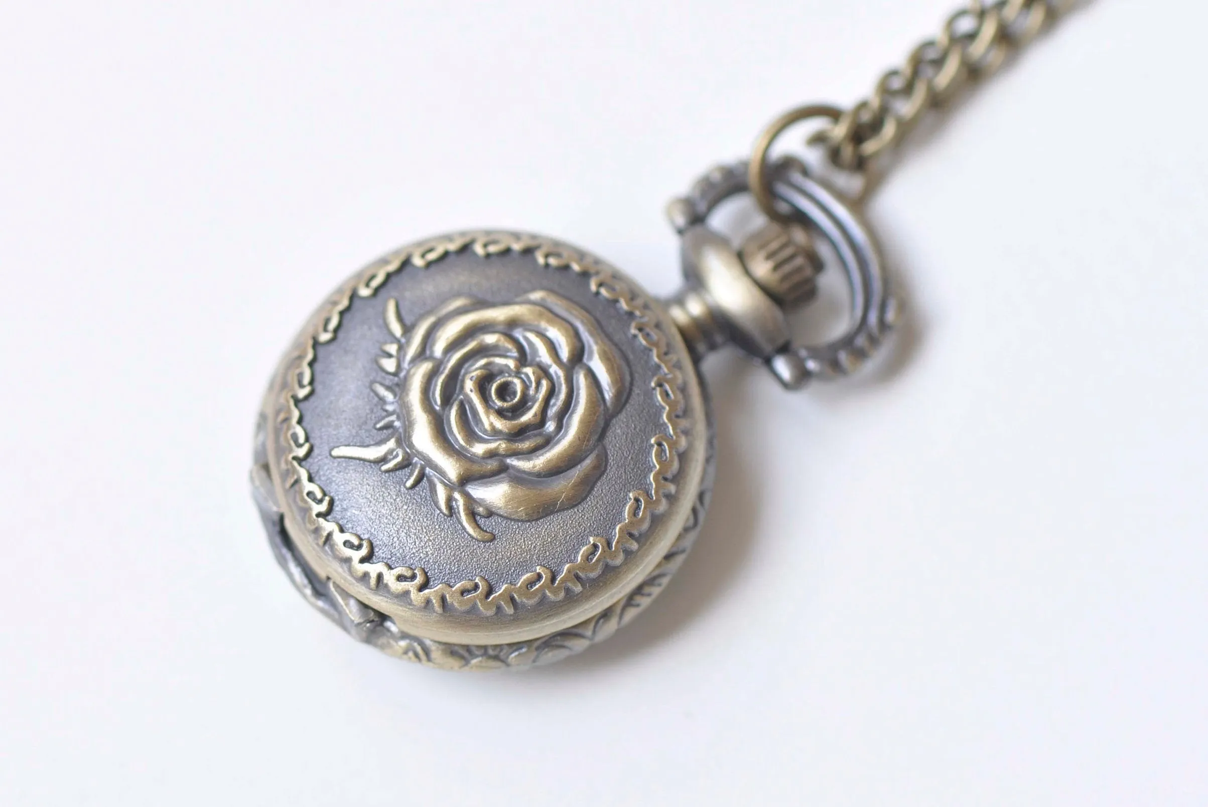 Antique Bronze Rose Flower Small Pocket Watch Necklace 27mm/47mm
