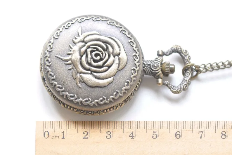 Antique Bronze Rose Flower Small Pocket Watch Necklace 27mm/47mm