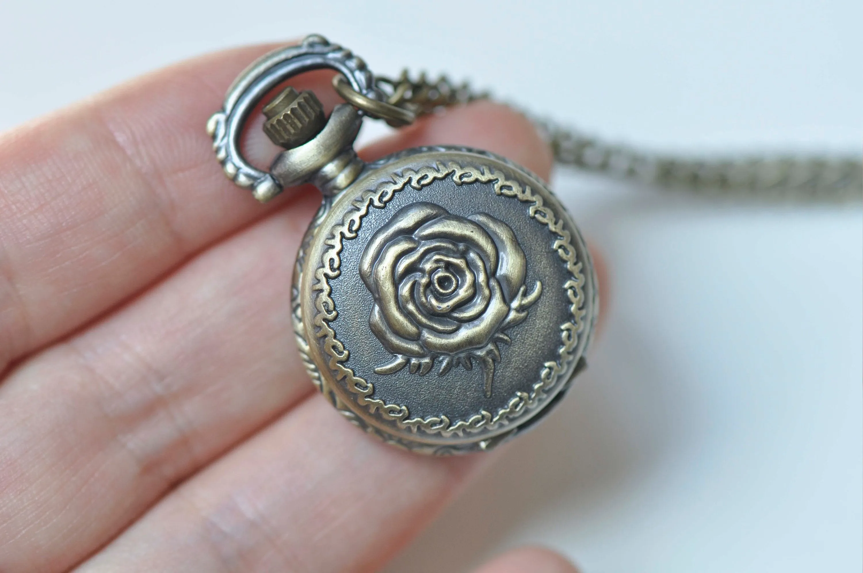 Antique Bronze Rose Flower Small Pocket Watch Necklace 27mm/47mm