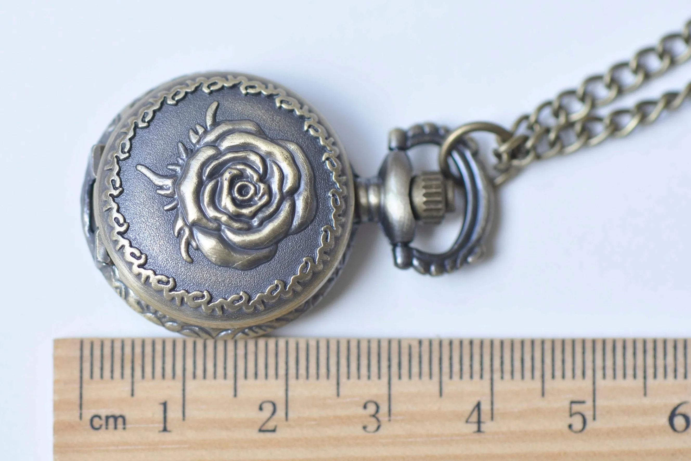 Antique Bronze Rose Flower Small Pocket Watch Necklace 27mm/47mm
