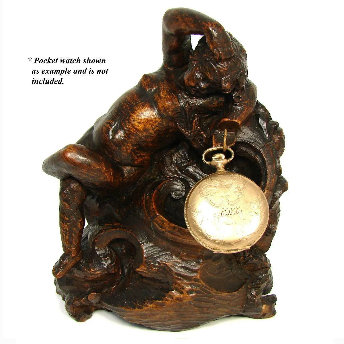 Antique French Carved Wood Cherub or Putti Figure, 6 7/8" Pocket Watch Display