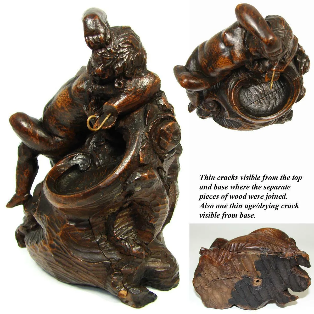 Antique French Carved Wood Cherub or Putti Figure, 6 7/8" Pocket Watch Display