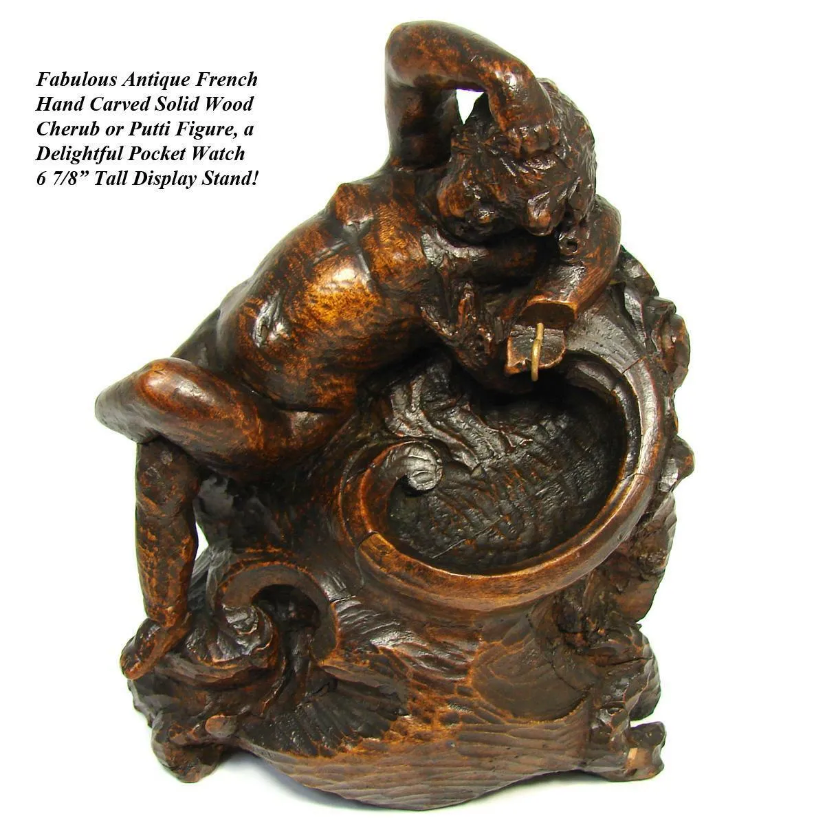 Antique French Carved Wood Cherub or Putti Figure, 6 7/8" Pocket Watch Display