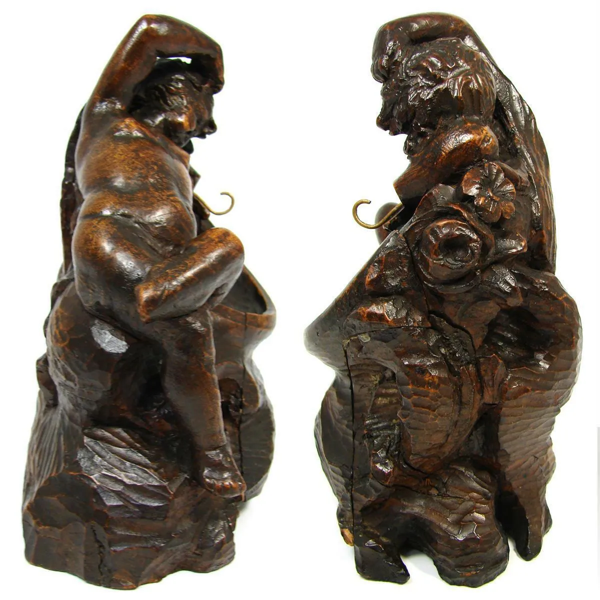 Antique French Carved Wood Cherub or Putti Figure, 6 7/8" Pocket Watch Display