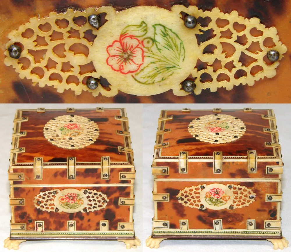 Antique Vizagapatam East Indian or Sadeli Jewelry, Pocket Watch or Trinket Box, Tortoise Shell