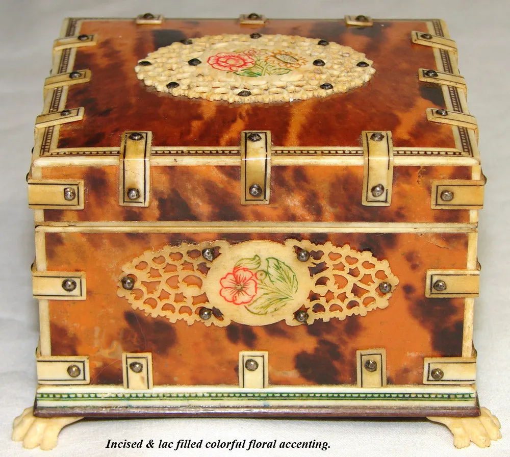 Antique Vizagapatam East Indian or Sadeli Jewelry, Pocket Watch or Trinket Box, Tortoise Shell
