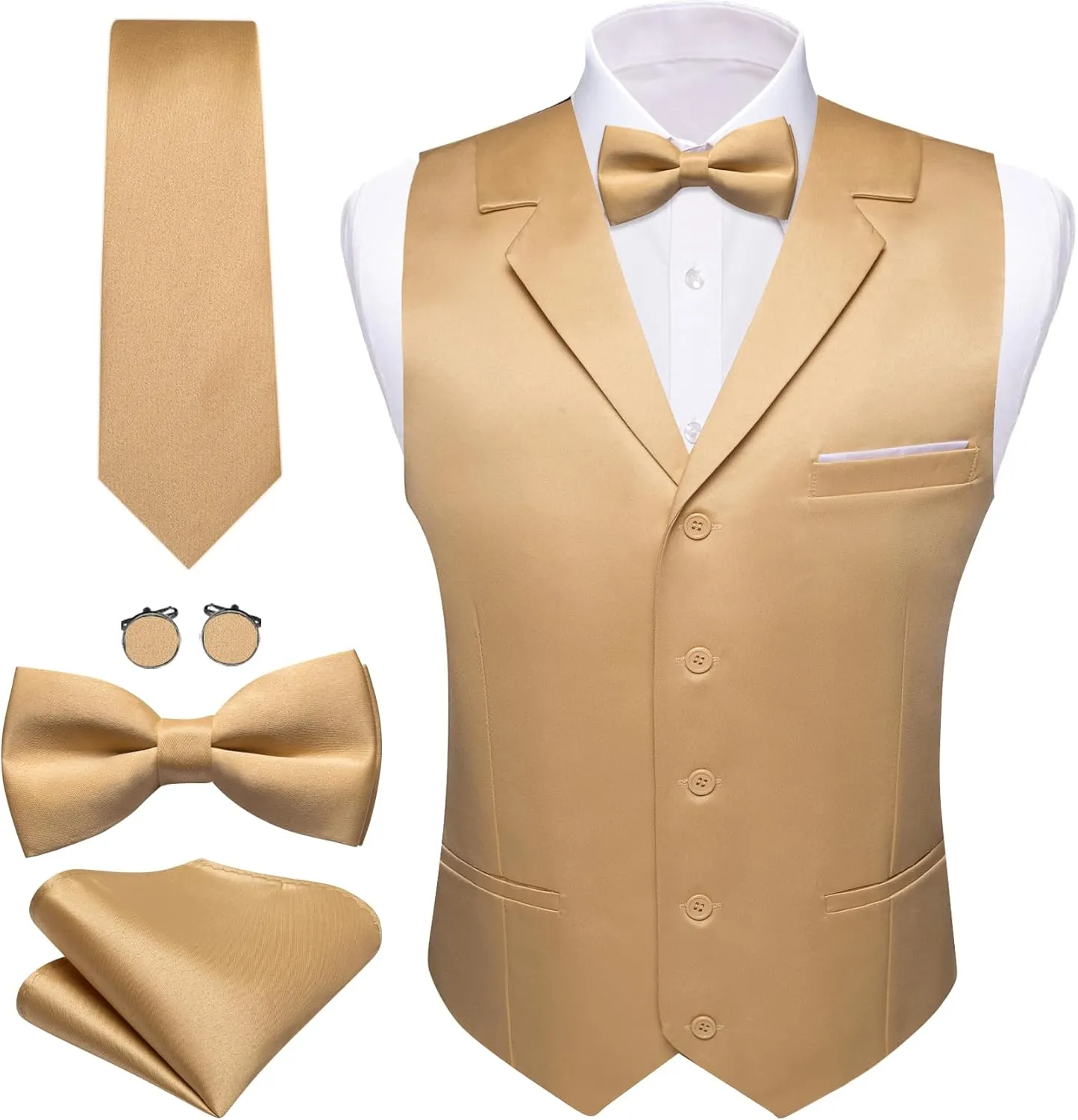 Barry.Wang Mens Satin Formal Suit Vest Tie Bowtie Set 8PC Lapel Collar Casual Slim Fit Waistcoat Wedding Party Tuxedo