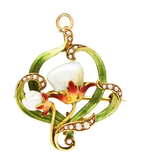 Bippart & Co. Art Nouveau Pearl Enamel 14 Karat Gold Floral Pendant Brooch