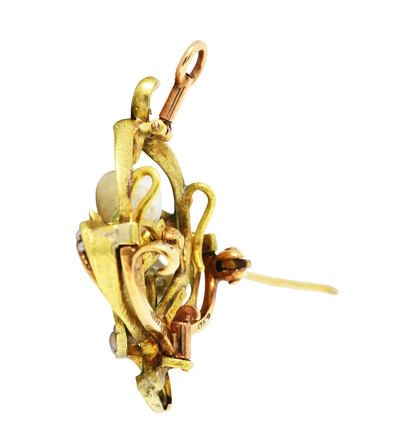 Bippart & Co. Art Nouveau Pearl Enamel 14 Karat Gold Floral Pendant Brooch