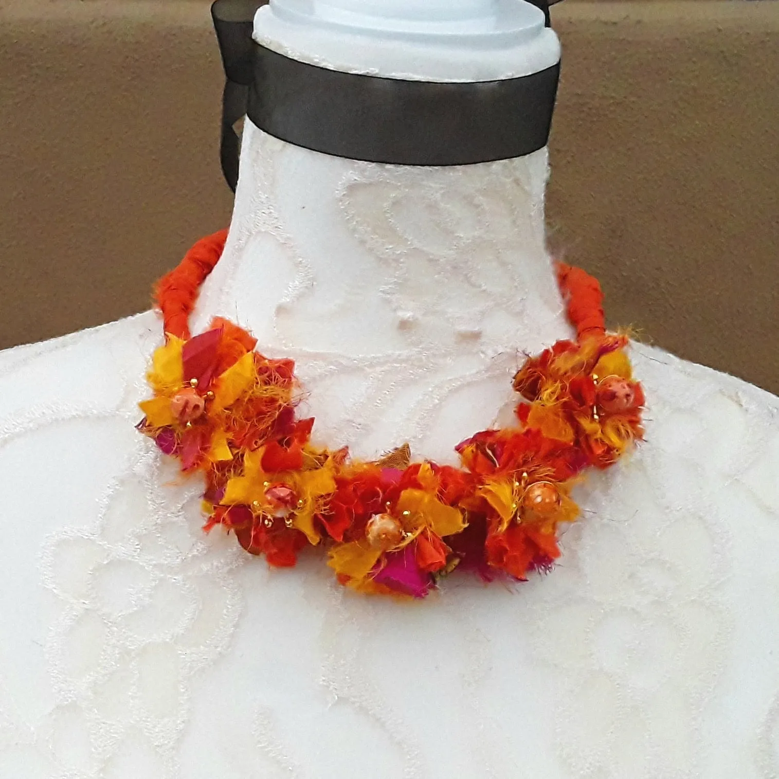Burnt Orange Boho Flower Silk Ribbon Statement Choker - Unique Gypsy Style Gift for Her